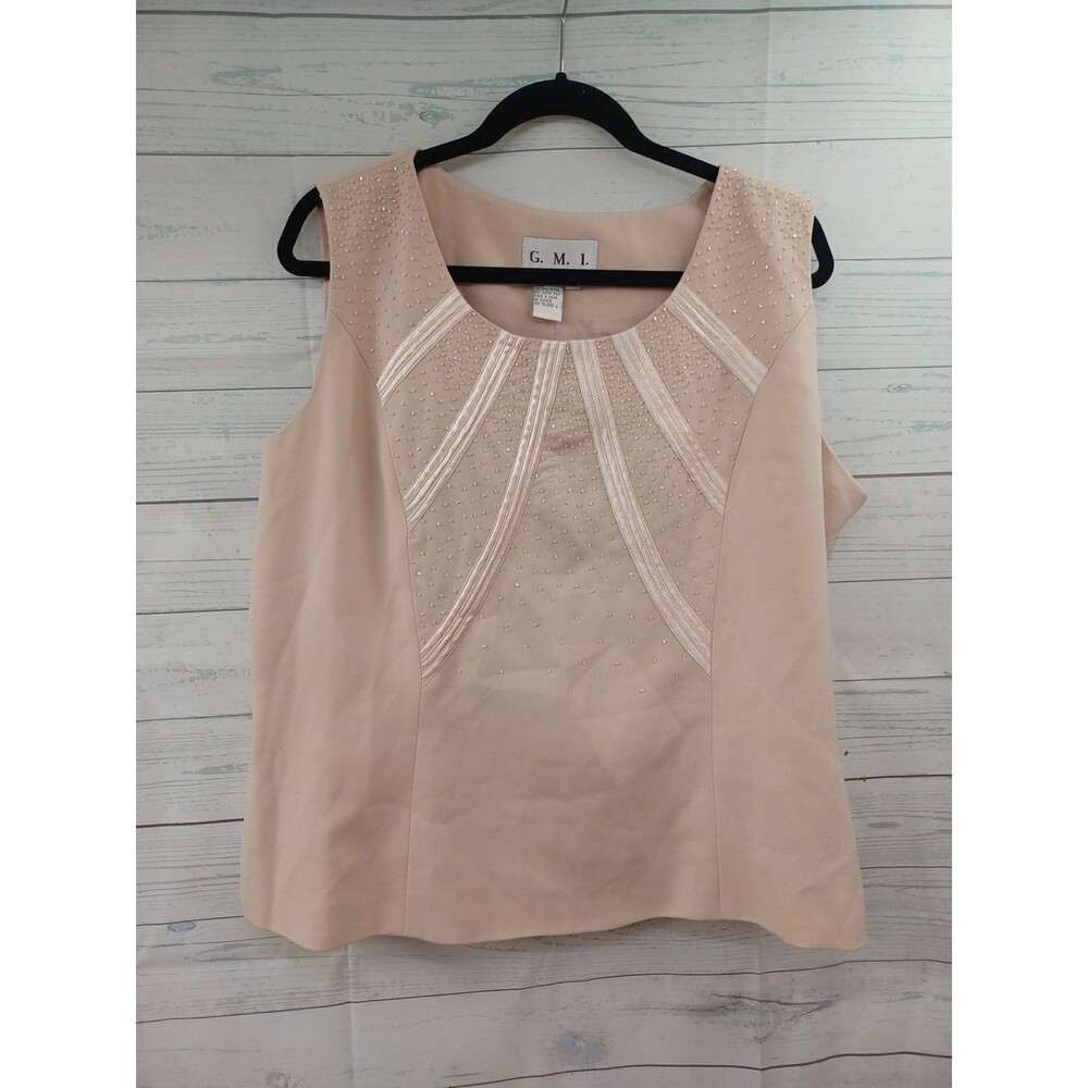 G. M.I. GMI Sleeveless Suit Tank Top Sz 16 Cream Beige Beaded Lined